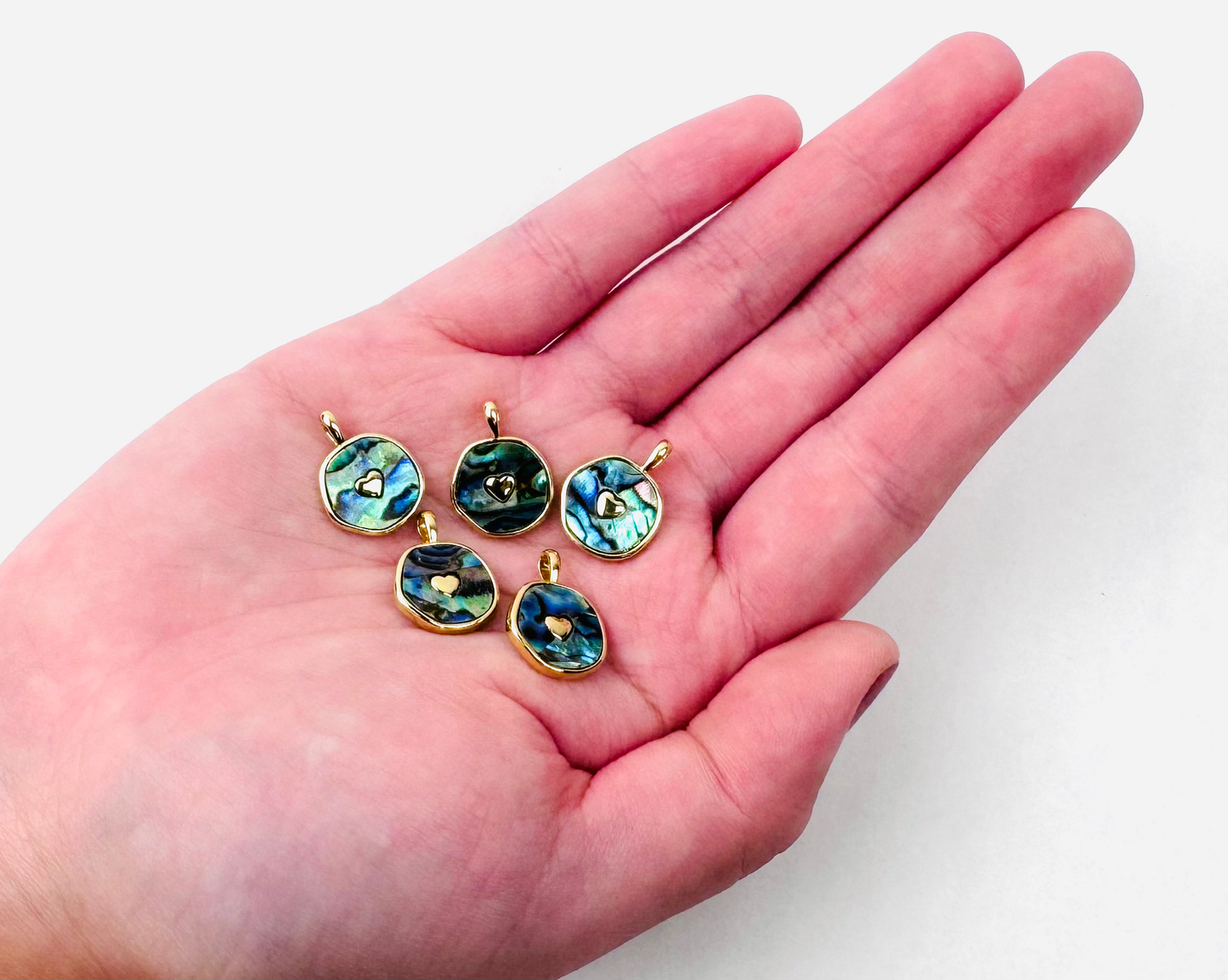 Round Mother of Pearl/Paua with Heart Charm