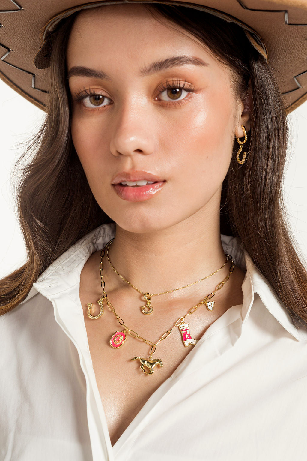 Studded Horse Shoe with Ring Charm 18K Gold Filled Studded