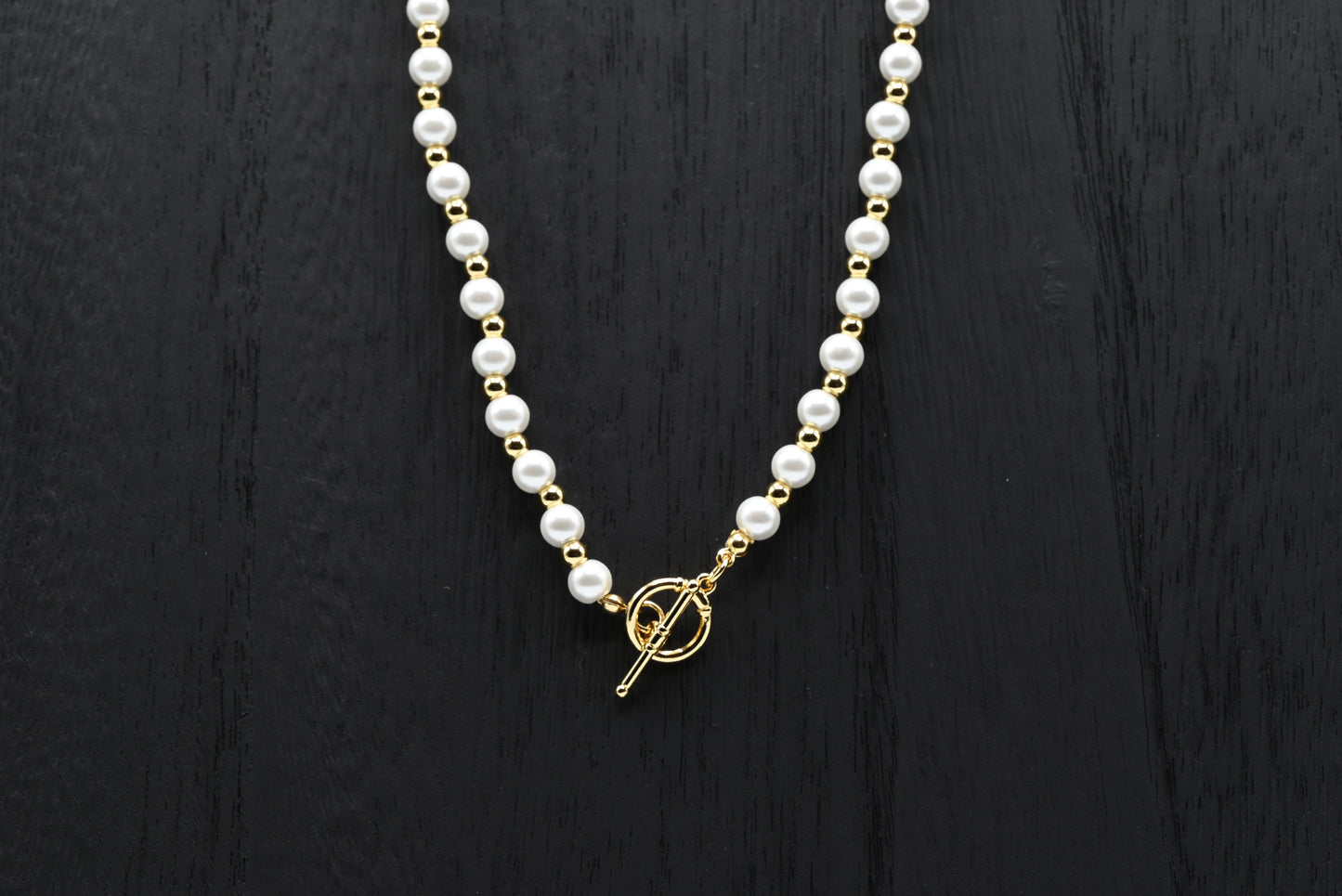Classic Pearl & Gold Bead Necklace with Toggle Clasp 18K Gold Filled