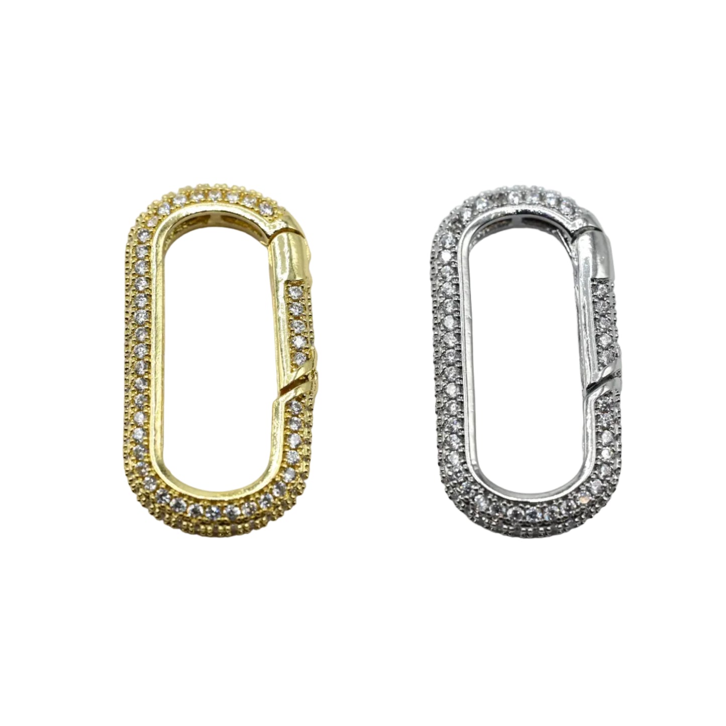 Pavé Crystal Rectangular Oval 28x14mm Carabiner Charm Connector 18K Gold Filled & Silver