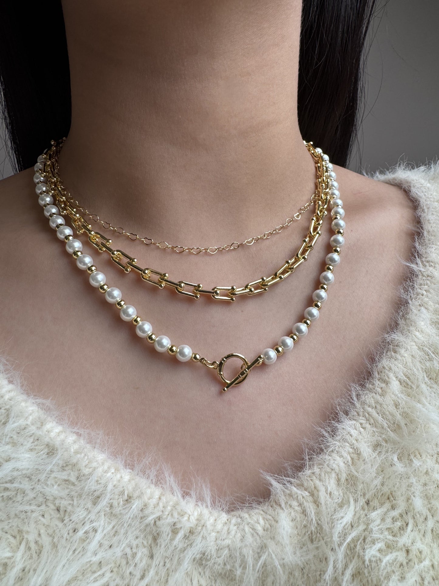 Classic Pearl & Gold Bead Necklace with Toggle Clasp 18K Gold Filled