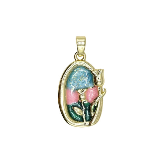 Enamel Rose Charm Pendant 18K Gold Filled