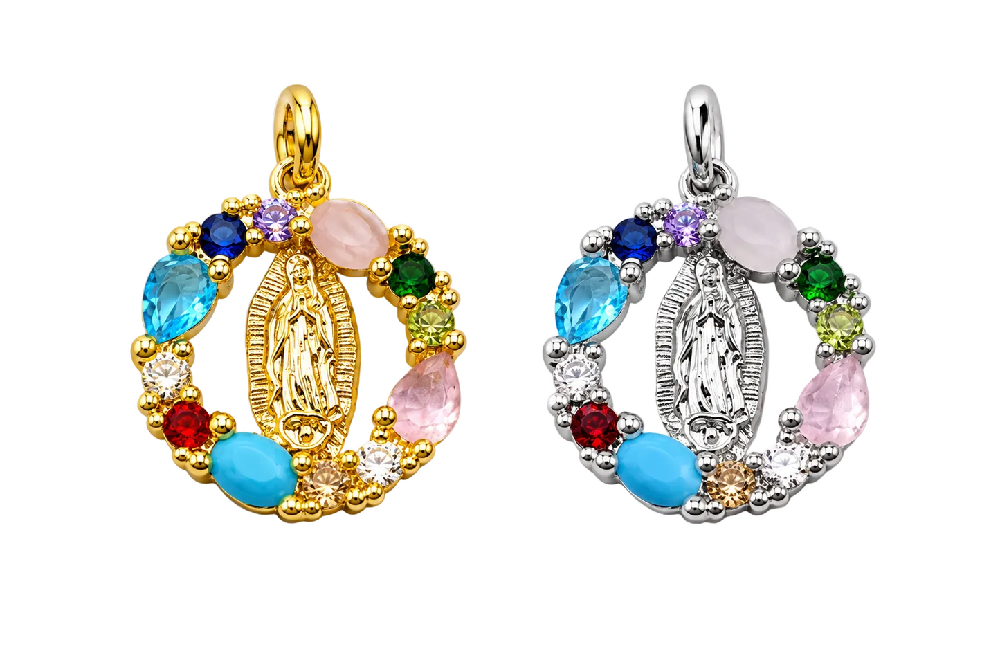Our Lady Multicolor Gemstone Charm Pendant 18K Gold Filled / Silver