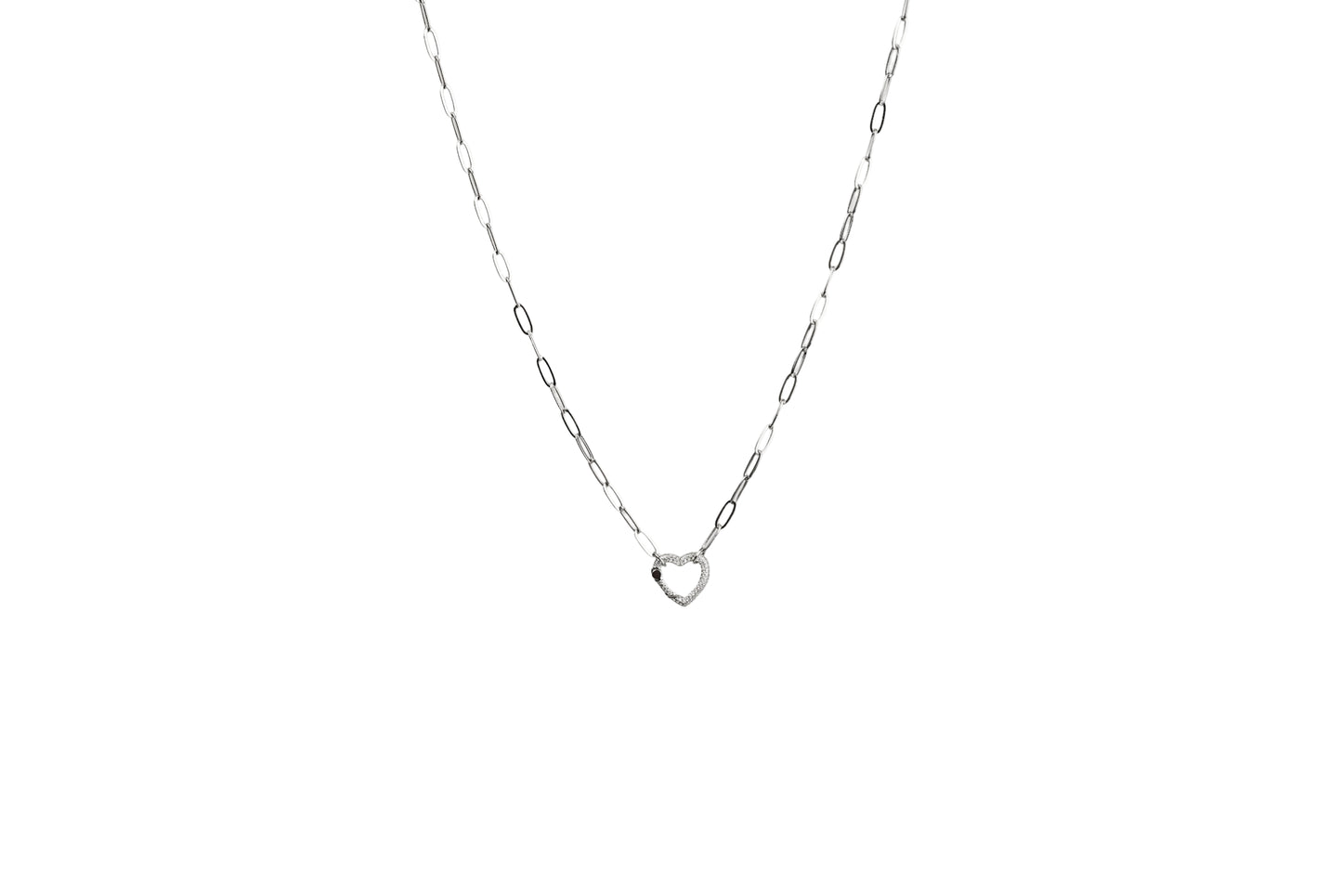 Paperclip Diamond Heart Spring Enhancer Charm Necklace 18k Gold Filled, Silver