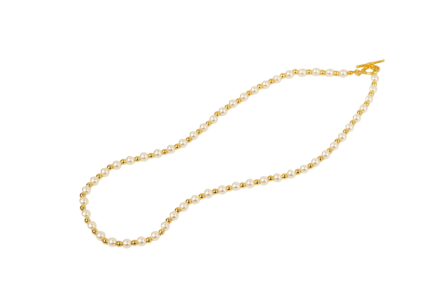 Classic Pearl & Gold Bead Necklace with Toggle Clasp 18K Gold Filled